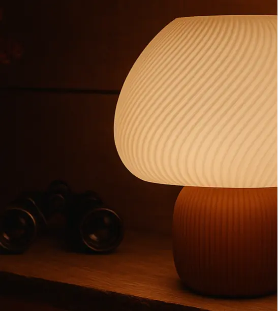 Lampe Gloomy Matin d'automne allumée, gros plan lueur ambrée sur étagère bois sombre | Atelier Nörea